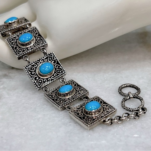 Arizona Sleeping Beauty Turquoise S925 Rectangular Link Toggle Clasp Bracelet - Picture 5 of 11